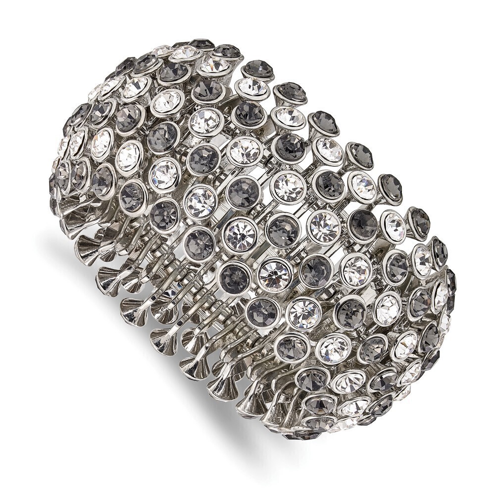 1928 Wide Jet Black and Clear Crystals and Acrylic Stones Stretch Bracelet